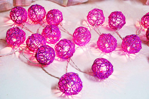 1 Set of Pink 5cm Rattan Cane 20 Ball Battery Powered 3m String Lights Christmas Gift Home Wedding Party Bedroom Decoration Table Centrepiece